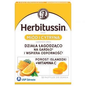 Herbitussin Mi&oacute;d i Cytryna 12 pastylek do ssania